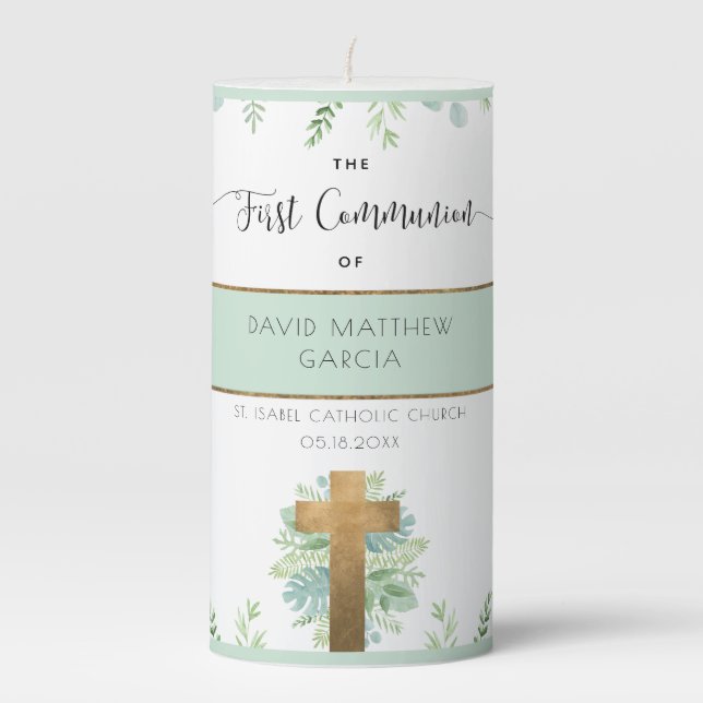 Personalized Boy/Girl, Greenery First Communion Pillar Candle (Front)