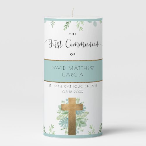 Personalized BoyGirl Greenery First Communion Pillar Candle