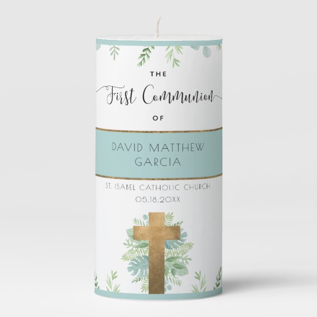 Personalized Boy/Girl, Greenery First Communion Pillar Candle (Front)