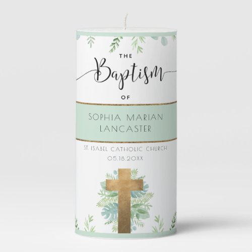Personalized BoyGirl Mint Greenery Baptism Pillar Candle
