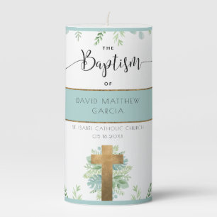 Personalized Boy/Girl Pale Blue, Greenery Baptism Pillar Candle