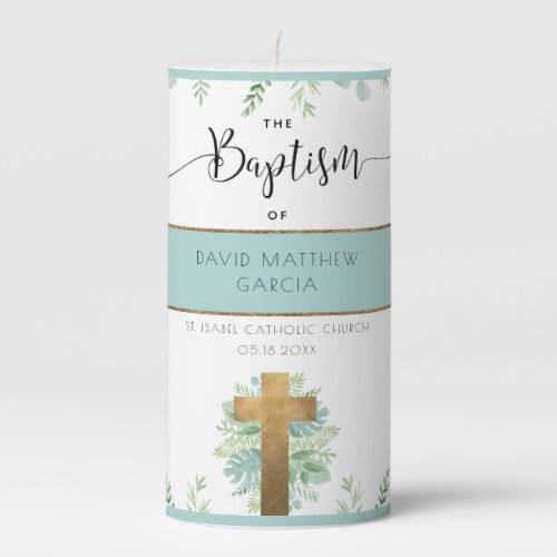 Personalized BoyGirl Pale Blue Greenery Baptism Pillar Candle