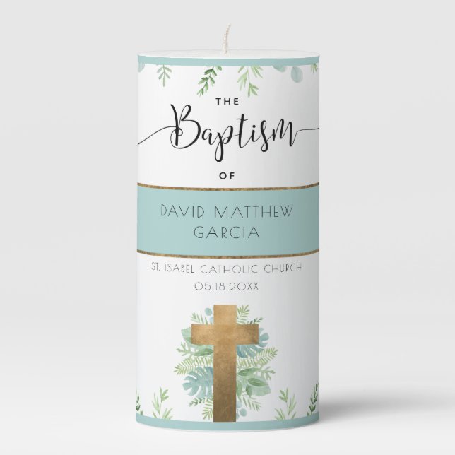 Personalized Boy/Girl Pale Blue, Greenery Baptism Pillar Candle (Front)