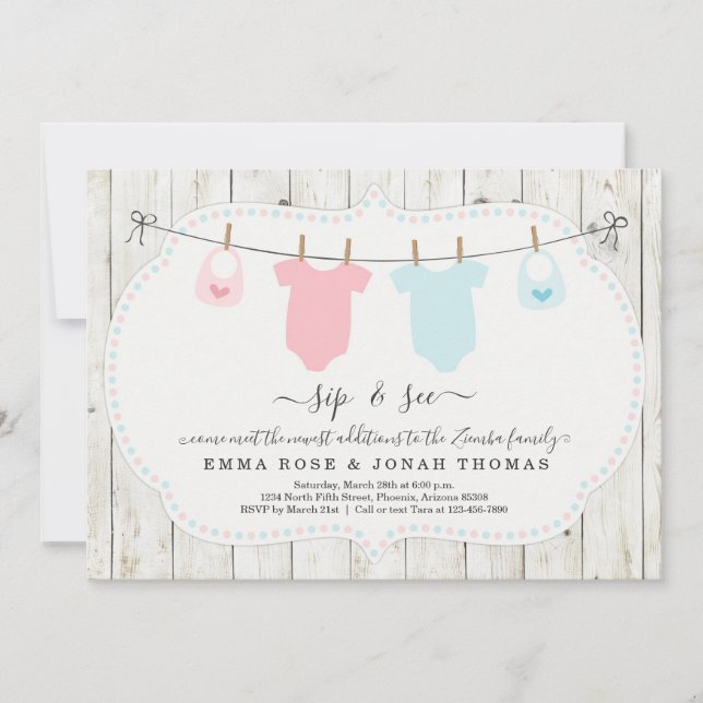 Personalized Boy & Girl Twins Sip & See Invitation (Front)