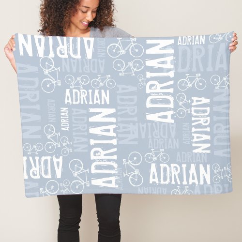 Personalized Boy Name and Bikes Dusty Blue Fleece Blanket