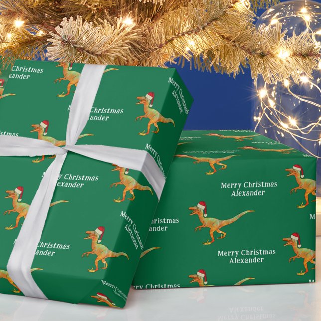 Personalized Boy Name Christmas Dinosaur Raptor Wrapping Paper (Personalized boy name merry Christmas dinosaur green wrapping paper fun Velociraptor in a Santa Hat)
