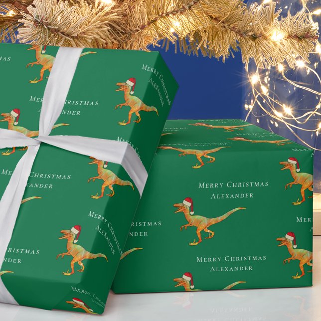 Personalized Boy Name Christmas Dinosaur Raptor Wrapping Paper (Personalized boy name merry Christmas dinosaur raptor green gift wrap Santa Velociraptor dino)