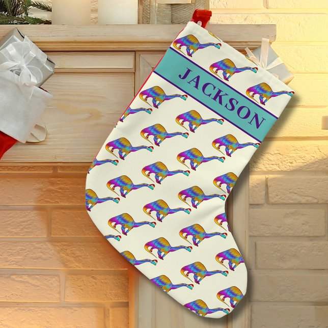 Personalized Boy Name Christmas Dinosaur Small Christmas Stocking (Personalized boy name dinosaur Christmas stocking colorful brontosaurus dino pattern)