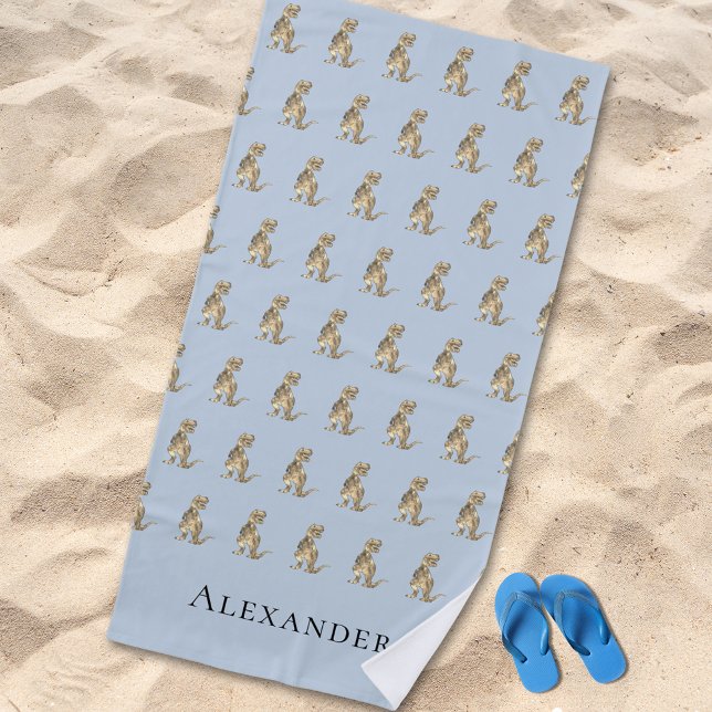 Personalized Boy Name Dinosaur Blue Beach Towel (Personalised boy name dinosaur blue beach towel kids Jurassic T-Rex dino pattern with monogram name )