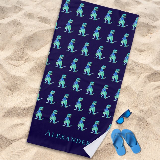 Personalized Boy Name Dinosaur Blue Beach Towel (Personalized boy name dinosaur blue green beach towel Jurassic T-Rex dino kids monogram name gift)