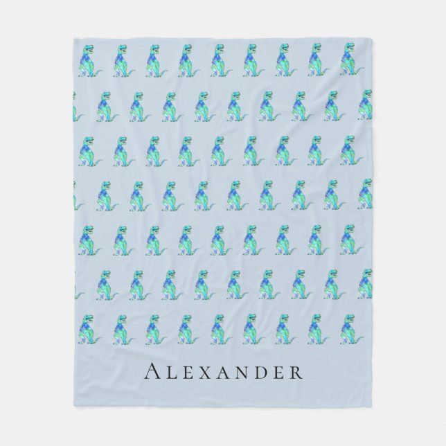 Personalized Boy Name Dinosaur Blue Fleece Blanket (Front)