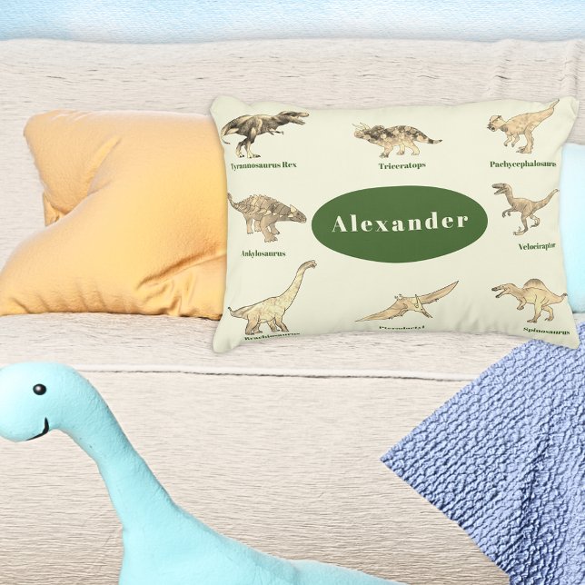 Personalized Boy Name Dinosaur Green Brown Pillow Case (Dinosaurs with names custom pillow green brown and cream T-Rex velociraptor stegosaurus brontosaurus)