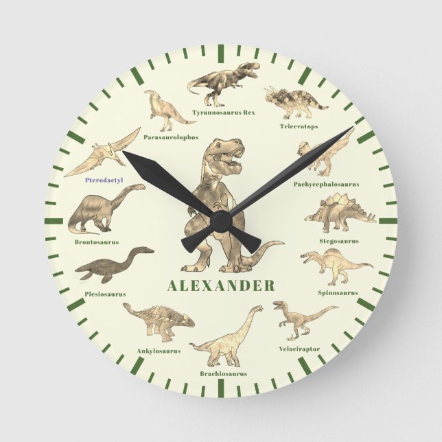 Personalized Boy Name Dinosaur Round Clock (Front)