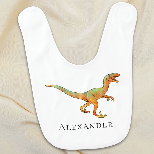 Personalized Boy Name Dinosaur Velociraptor Baby Bib (Dinosaur velociraptor personalized name boy baby bib)