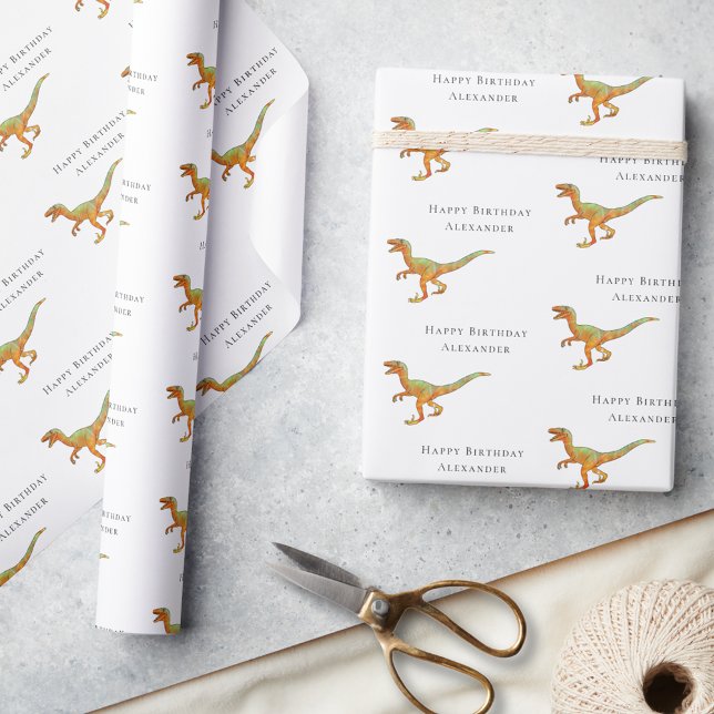 Personalized Boy Name Happy Birthday Dinosaur Wrapping Paper (Personalized boy name Dinosaur velociraptor happy birthday gift wrapping paper Jurassic dino raptor)