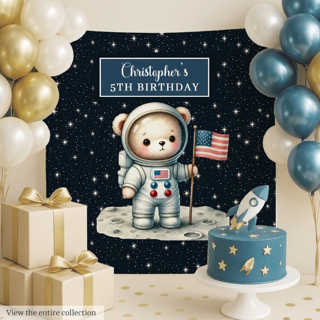 Personalized Boy Party Backdrop with Space Bear (Personalized Boy Party Backdrop with Space Bear)