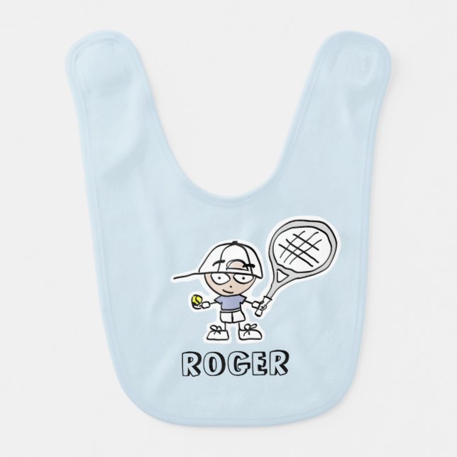 Personalized boys baby bib gift with tennis print (Front)