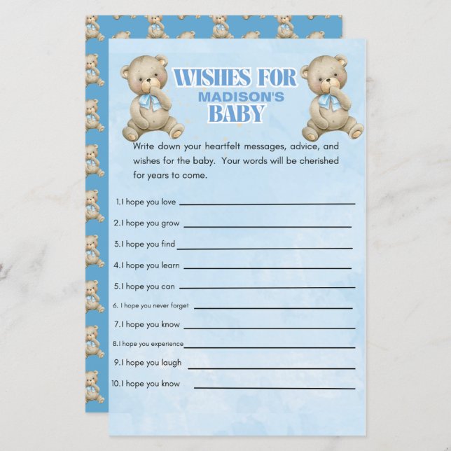  Personalized Boys Bear Baby Shower Game (Front/Back)
