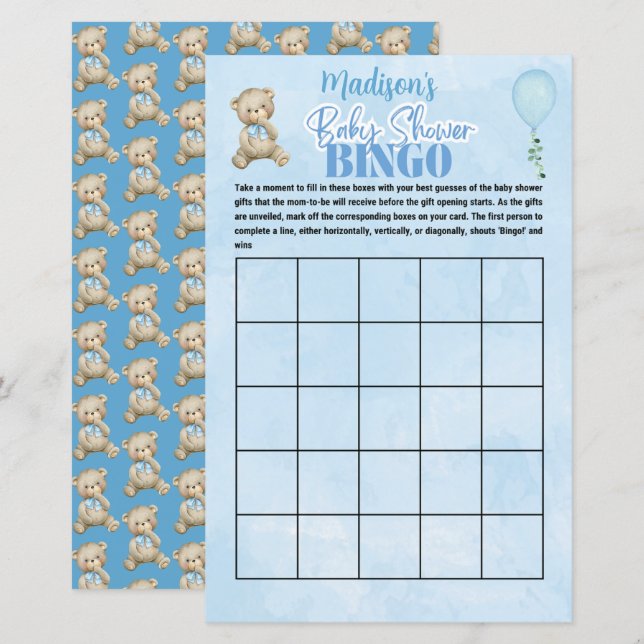  Personalized Boys Bear  Bingo Baby Shower Game (Front/Back)