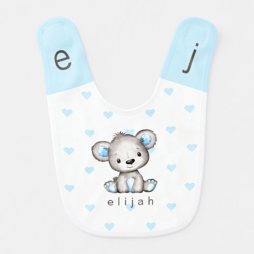 Personalized Boys Bear Cub Blue Hearts Monogram Baby Bib