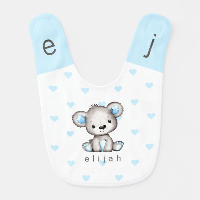 Personalized Boy's Bear Cub Blue Hearts Monogram Baby Bib (Front)