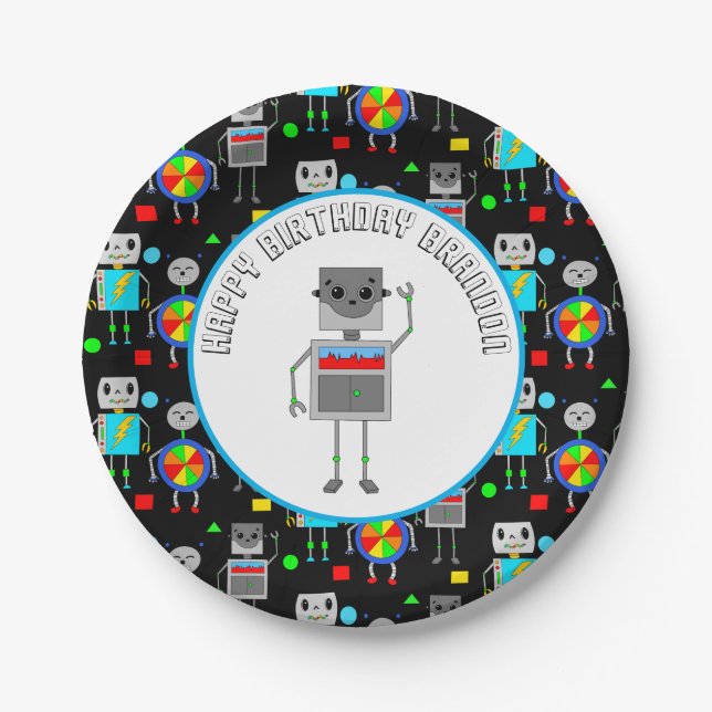 Personalized Boy's Birthday Robot  Paper Plates (Front)