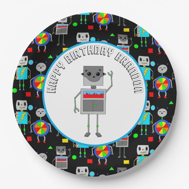 Personalized Boy's Birthday Robot  Paper Plates (Front)