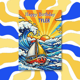 Personalized Boy's Birthday Sailboat and Shark Card
