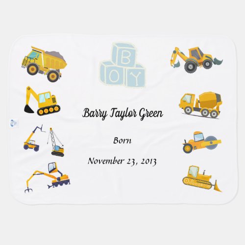 Personalized Boys construction vehicle Baby Blanket