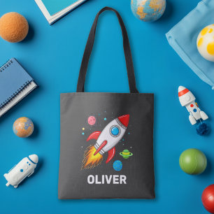 Personalized Boys Cute Rocket Ship Planets Tote Bag