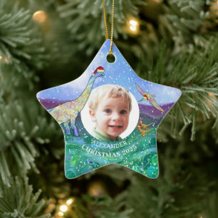 Personalized Boys Dinosaur Christmas Photo Ceramic Ornament