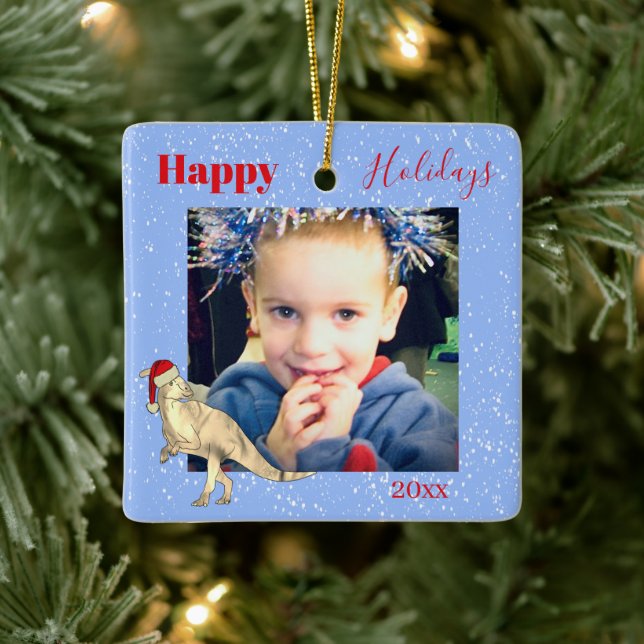 Personalized Boys Dinosaur Christmas photo Ceramic Ornament (Tree)