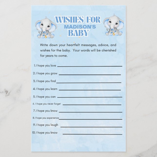  Personalized Boys Elephant  Baby Shower Game (Front)