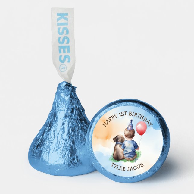 Personalized Boy's First Birthday | Baby and Puppy Hershey®'s Kisses® (Front)