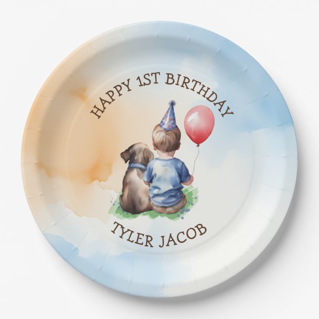Personalized Boy's First Birthday  Paper Plates (Front)