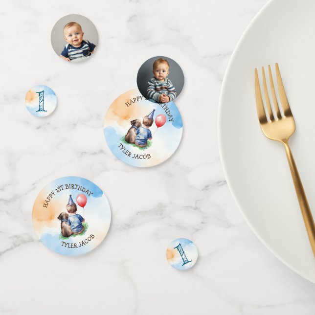 Personalized Boy's First Birthday | Photo Template Confetti (Group)