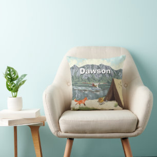 Personalized Boy's Fox Woodland Camping Mountain Throw Pillow