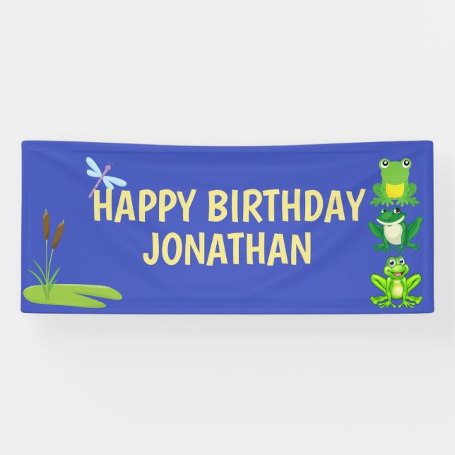 Personalized Boys Frog Birthday Blue Yellow Banner (Horizontal)