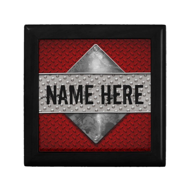 Personalized Boys Guys Red Grunge Metal Look Keepsake Box (Front)