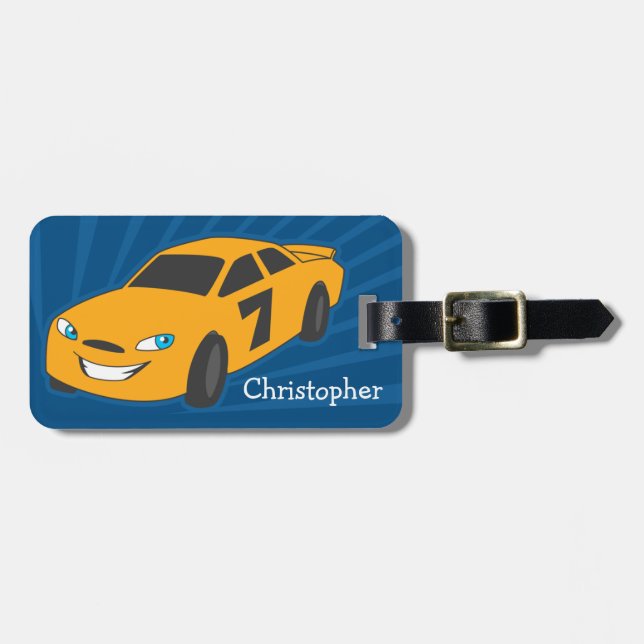 Personalized Boys Luggage Tag - Yellow Racer (Front Horizontal)