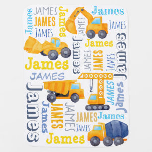 Personalized boys name construction trucks collage baby blanket