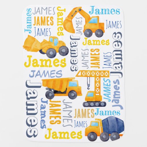 Personalized boys name construction trucks collage baby blanket