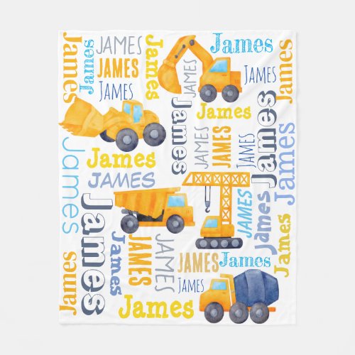 Personalized boys name construction trucks collage fleece blanket