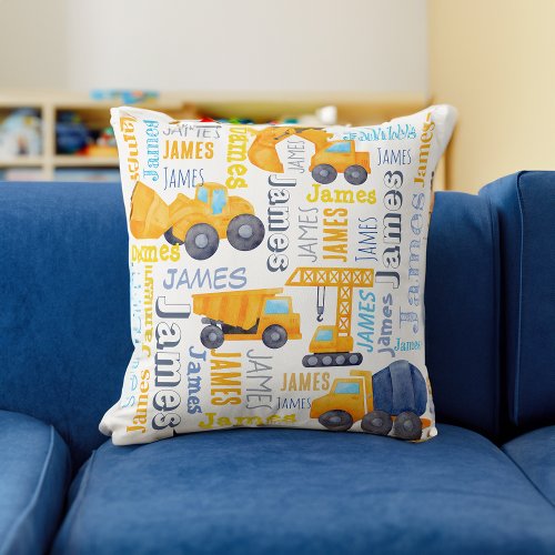 Personalized boys name construction trucks collage throw pillow