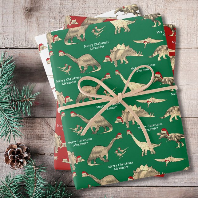 Personalized Boys Name Cute Christmas Dinosaurs Wrapping Paper Sheets (Personalized boys name merry christmas dinosaurs green red and white wrapping paper)