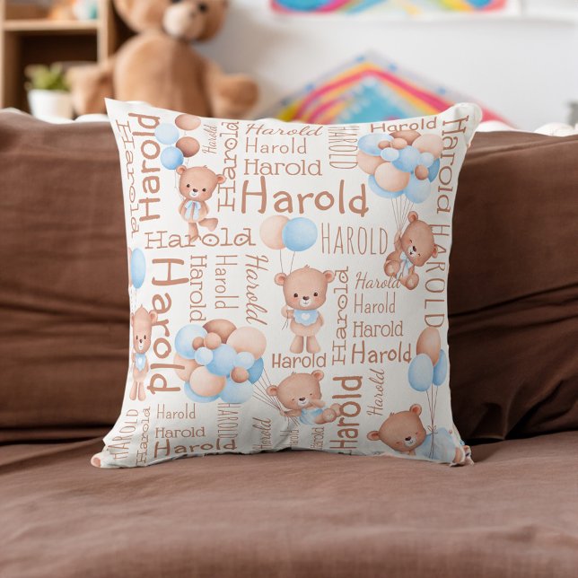 Personalized boys name teddy bear collage gifts throw pillow (Personalized boys name teddy bear collage gifts throw pillow nursery decor baby boy gifts ideas)