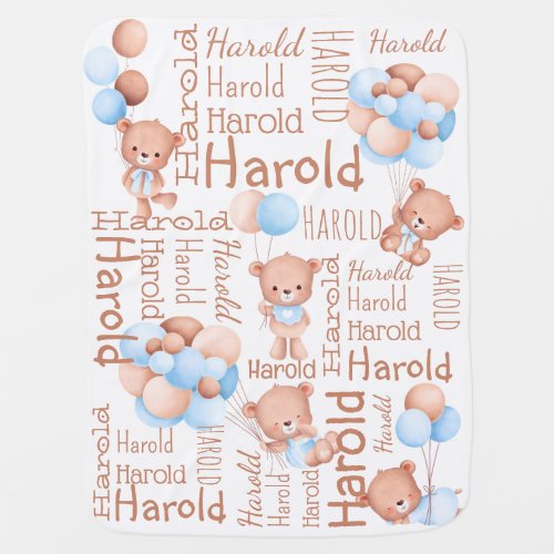 Personalized boys name teddy bear with balloons  baby blanket