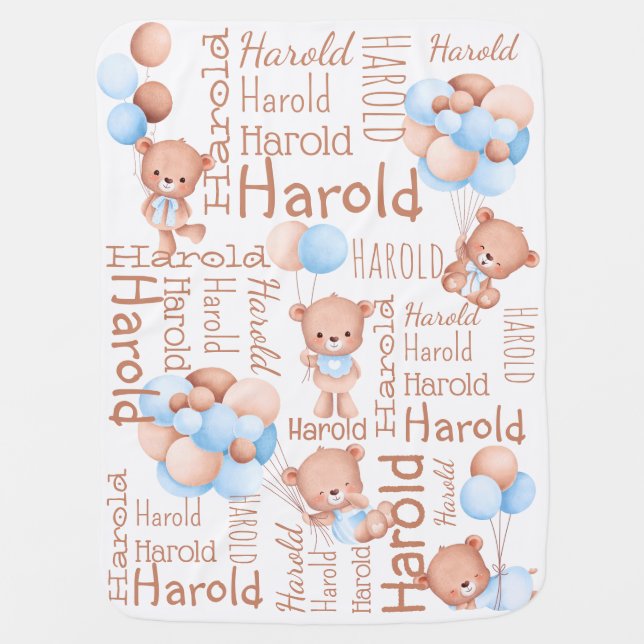 Personalized boys name teddy bear with balloons  baby blanket (Front)