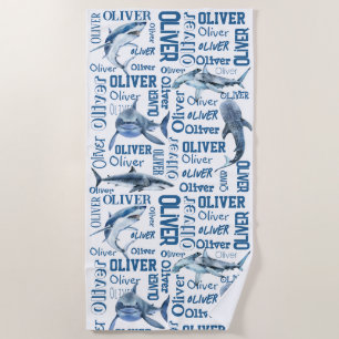 Personalized boys name with sharks collage  beach towel