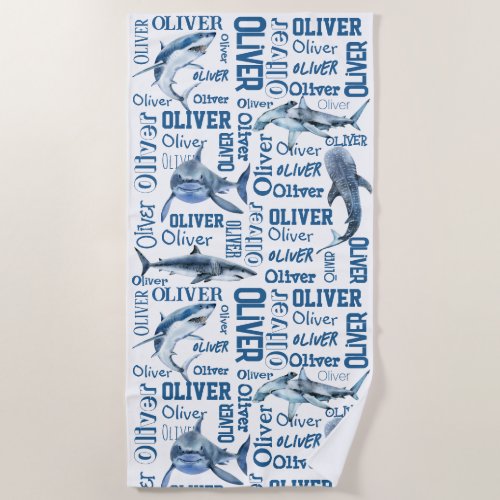 Personalized boys name with sharks collage  beach towel